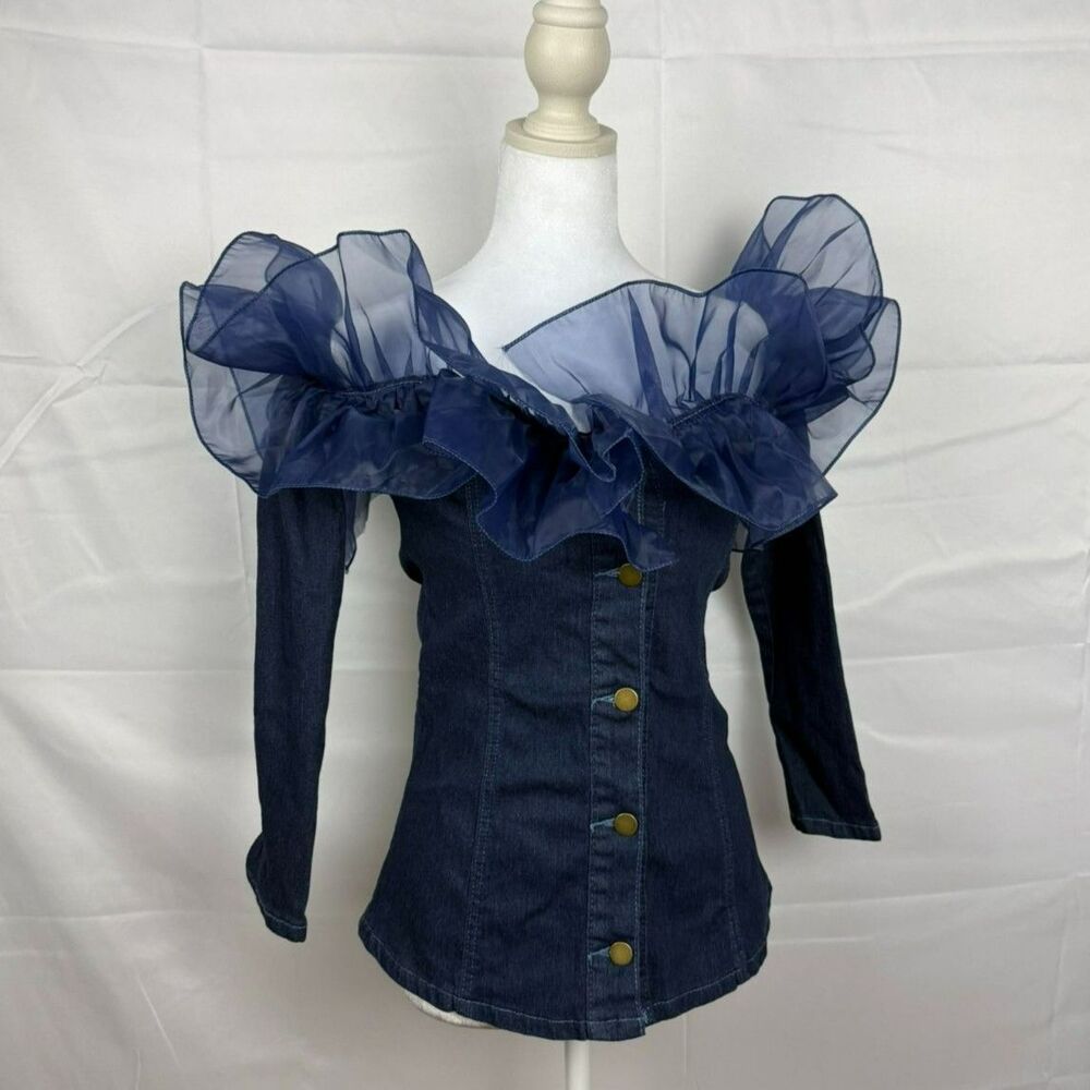 Women's 100% Cotton Off Shoulder Ruffle Denim Top
